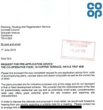 Covering letter - PA16/01651/PREAPP | Pre-Application advice for the redevelopment of food store site including carpark for residential use predominately (Includes Highway Consultation) | Co Op Stores 18 Copper Terrace Copperhouse Hayle Cornwall TR27 4EB 